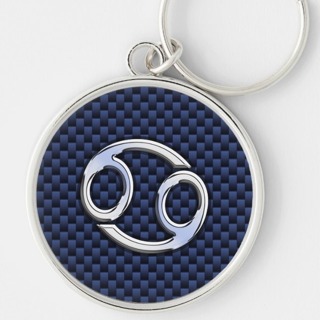 Silver Cancer Sign on Navy Blue Carbon Fibre Print Key Ring (Front)