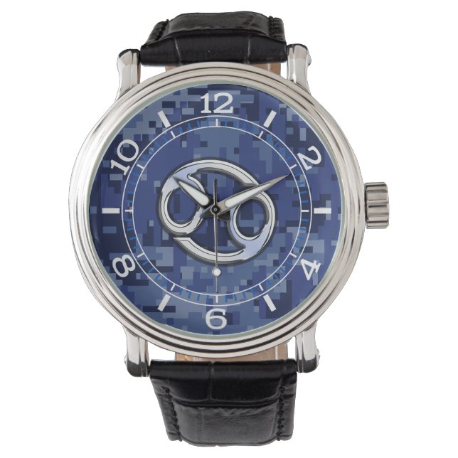 Silver Cancer Zodiac Sign Navy Blue Camo Dial Watch (Front)