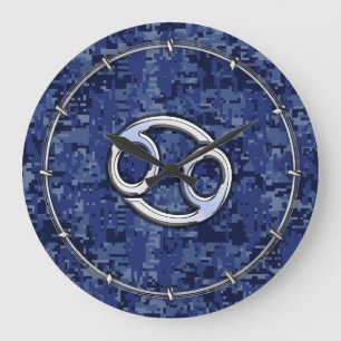 Silver Cancer Zodiac Sign Navy Blue Digital Camo Large Clock