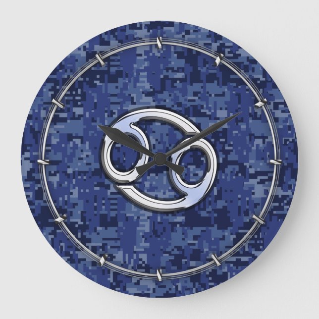Silver Cancer Zodiac Sign Navy Blue Digital Camo Large Clock (Front)