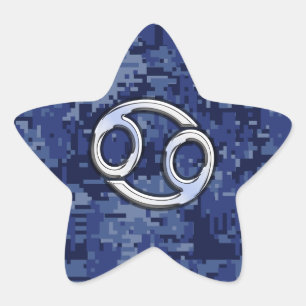 Silver Cancer Zodiac Sign Navy Blue Digital Camo Star Sticker