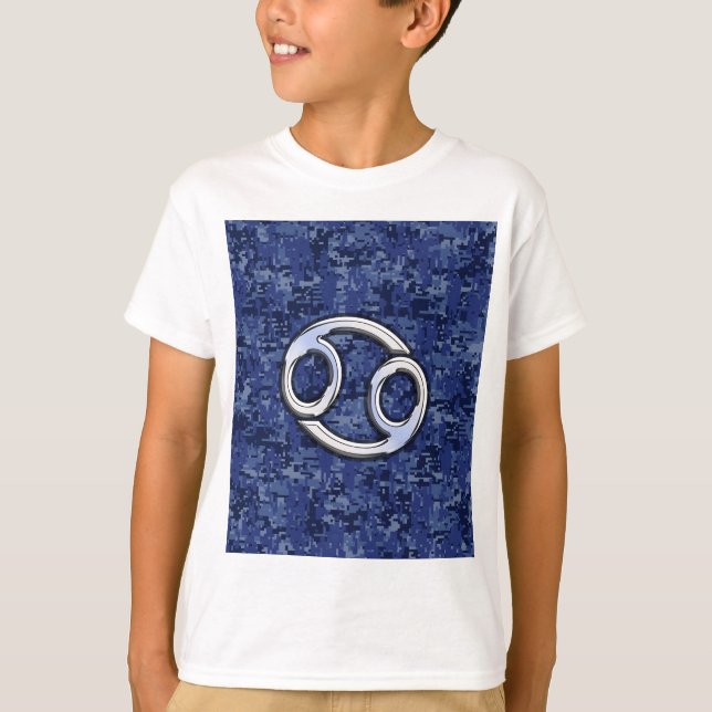 Silver Cancer Zodiac Sign Navy Blue Digital Camo T-Shirt (Front)