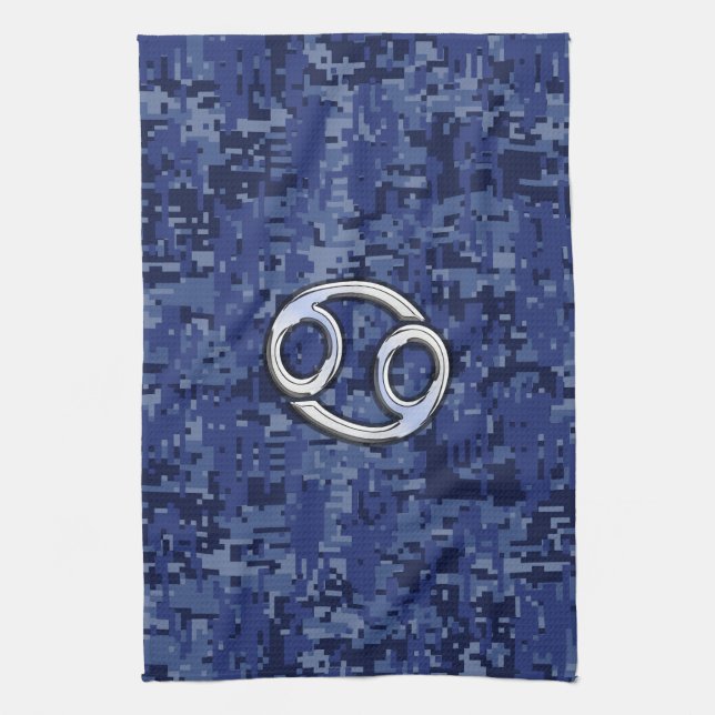 Silver Cancer Zodiac Sign Navy Blue Digital Camo Tea Towel (Vertical)