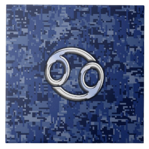 Silver Cancer Zodiac Sign Navy Blue Digital Camo Tile