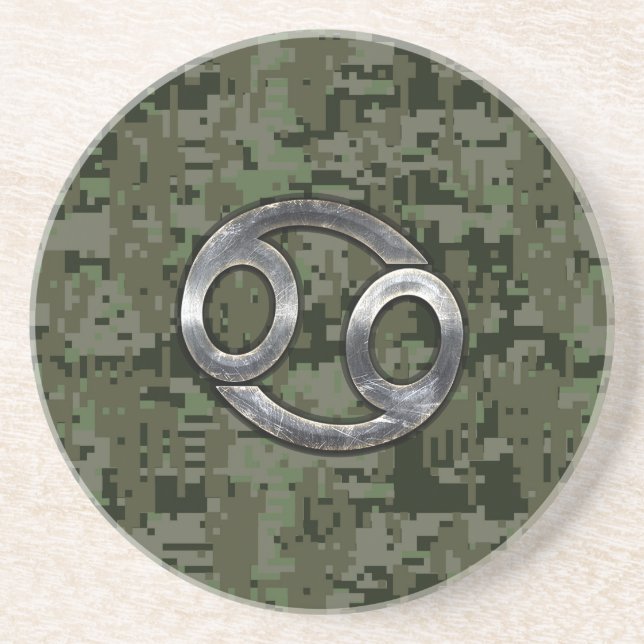 Silver Cancer Zodiac Sign on Green Digital Camo Coaster (Front)