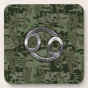 Silver Cancer Zodiac Sign on Green Digital Camo Coaster