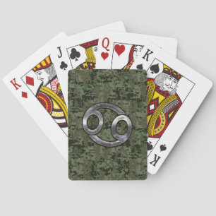 Silver Cancer Zodiac Sign on Green Digital Camo Playing Cards
