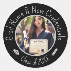 Silver Cap, Tassel, Diploma Black Graduation Photo Classic Round Sticker