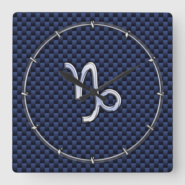 Silver Capricorn Zodiac Sign Blue Carbon Style Square Wall Clock (Front)