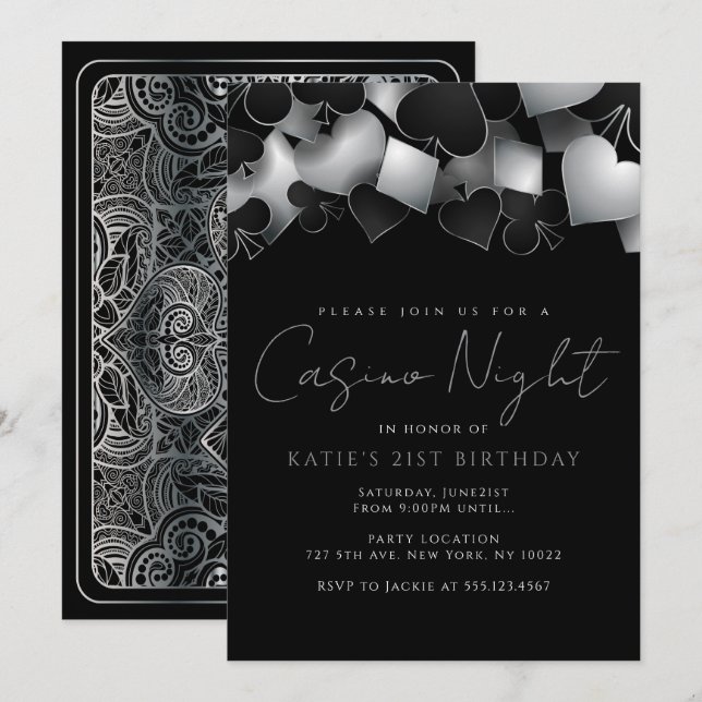 Silver Casino Night Party Invitations (Front/Back)