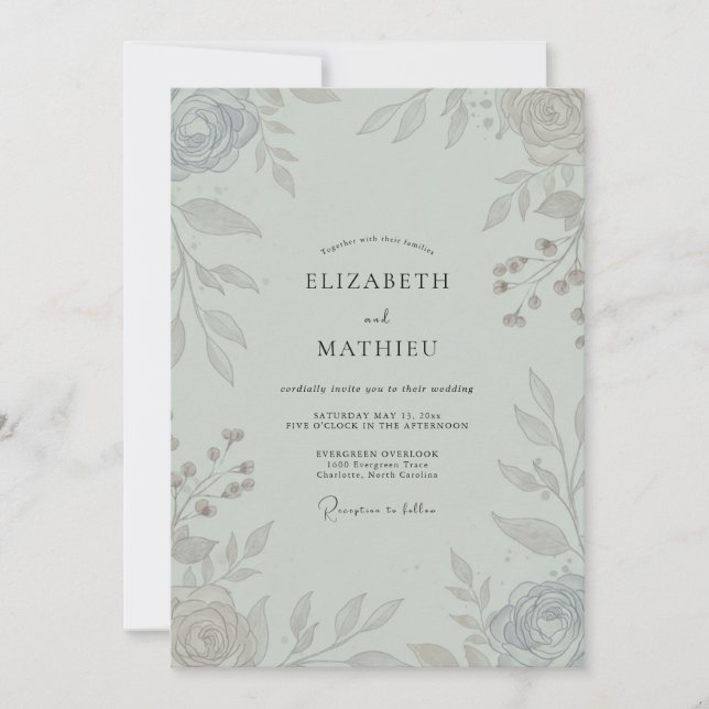 Silver Celadon Leafy Wedding Invitation (Front)