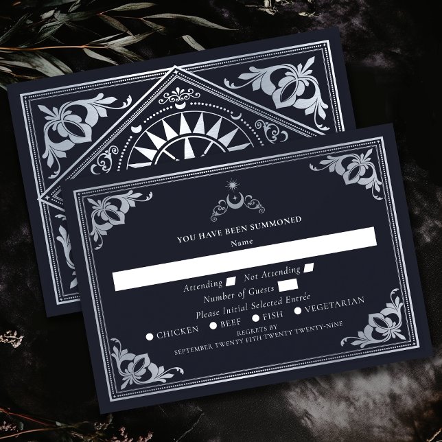 Silver Celestial Art Nouveau Tarot Gothic Wedding RSVP Card (Creator Uploaded)