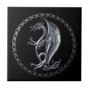 Silver Celtic Dragon Ceramic Tile