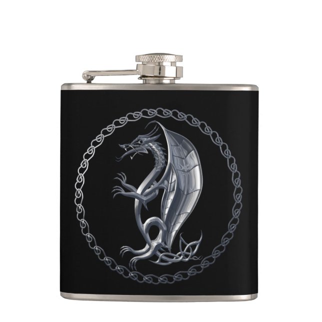 Silver Celtic Dragon Hip Flask (Front)