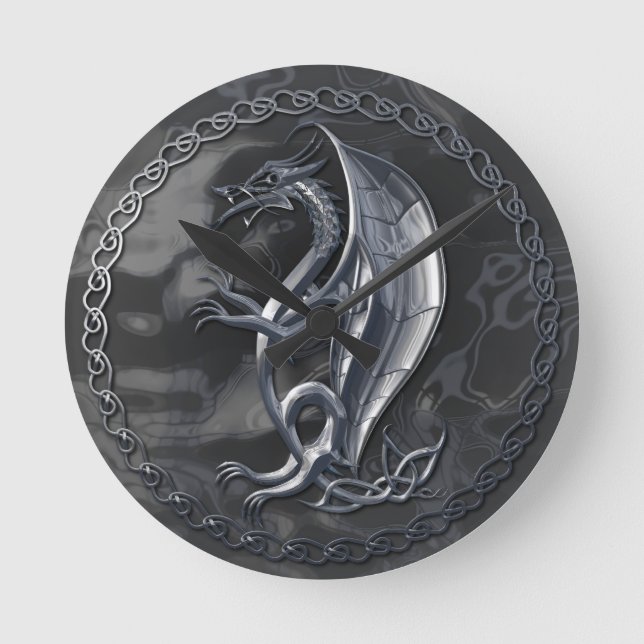 Silver Celtic Dragon Round Clock (Front)