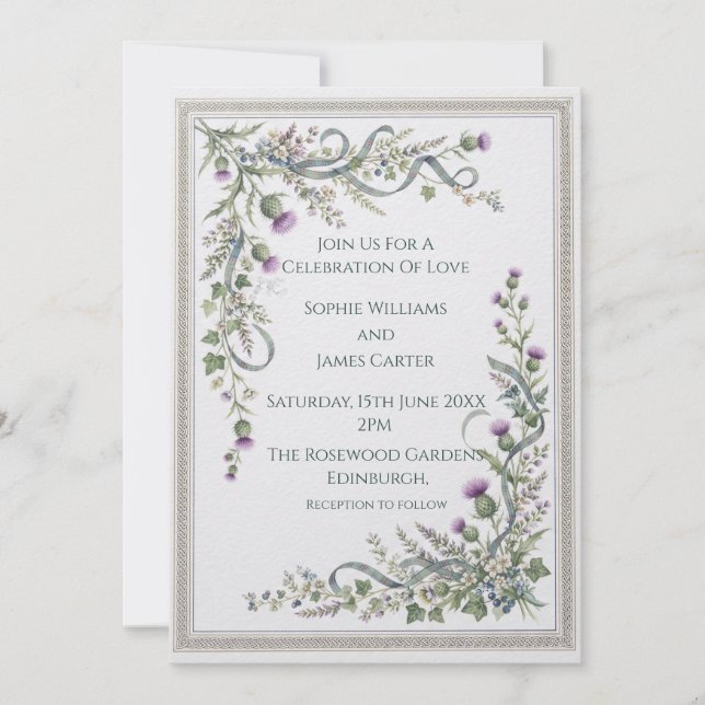 Silver Celtic Floral Wedding Invitation (Front)