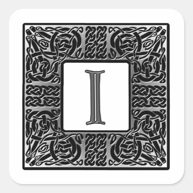 Silver Celtic "I" Monogram Square Sticker (Front)