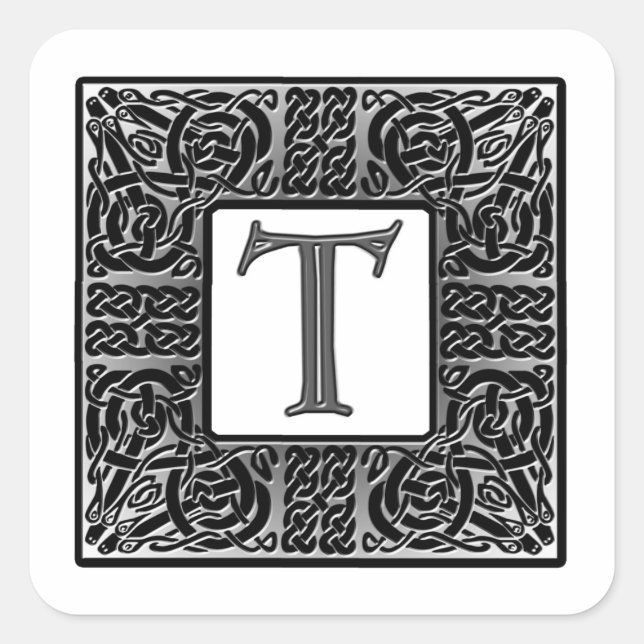 Silver Celtic "T" Monogram Square Sticker (Front)