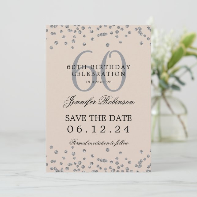Silver Champagne 60th Birthday Save Date Details Invitation (Standing Front)