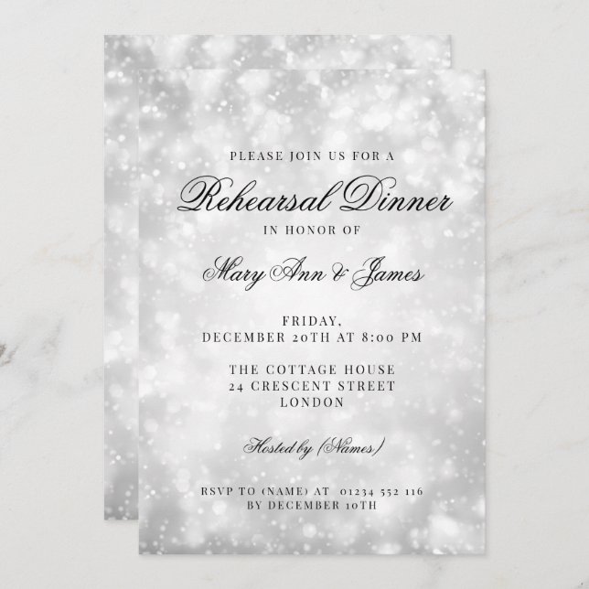 Silver Champagne Bokeh Elegant Rehearsal Dinner Invitation (Front/Back)
