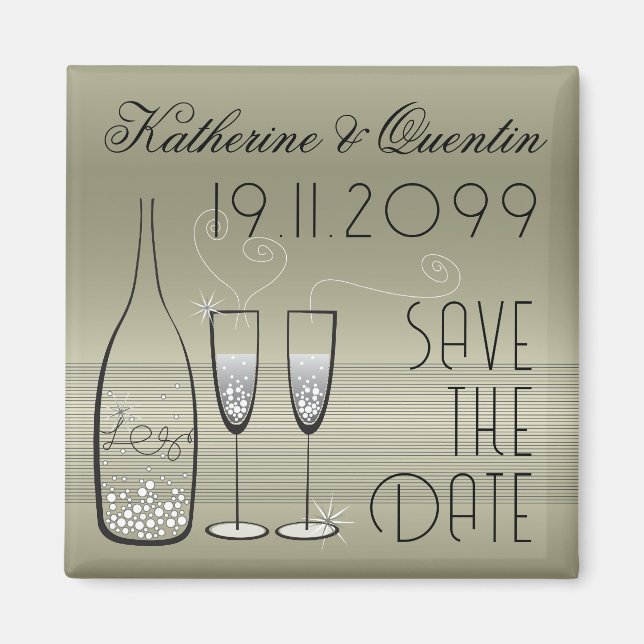 Silver Champagne Bubbles Cheers Chic Save The Date Magnet (Front)