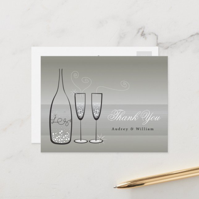 Silver Champagne Bubbly Stylish Wedding Thank You Postcard (Front/Back In Situ)