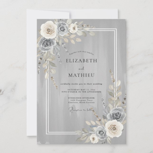Silver Charcoal Rose Wedding Invitation (Front)