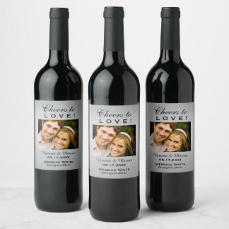 Silver Cheers to Love Wedding Photo Bottle Favour Wine Label