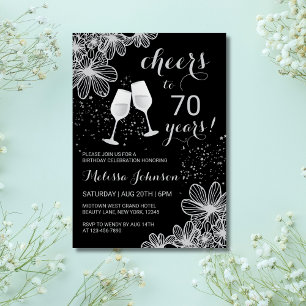 Silver Cheers Wine Floral Black Milestone Birthday Invitation