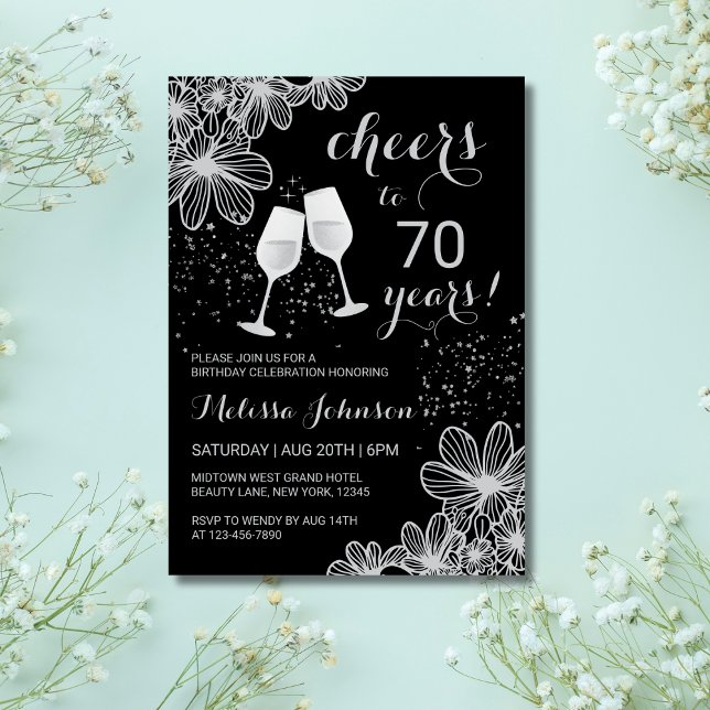 Silver Cheers Wine Floral Black Milestone Birthday Invitation (Creator Uploaded)