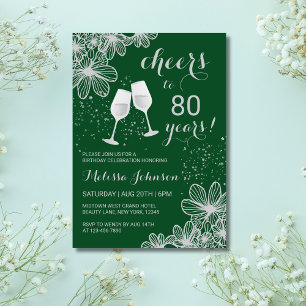 Silver Cheers Wine Floral Green Birthday Invitation