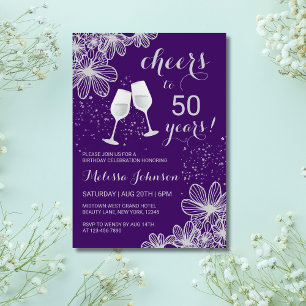 Silver Cheers Wine Floral Purple Birthday Invitation
