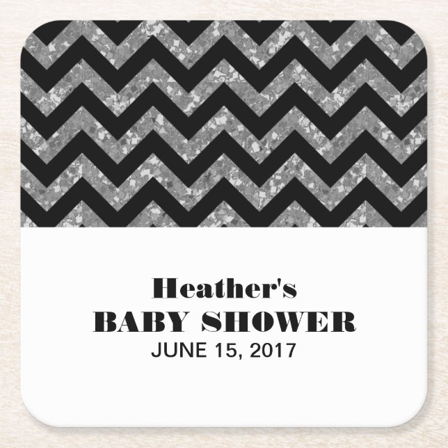 Silver Chevron Glitter Baby Shower Paper Coasters (Front)