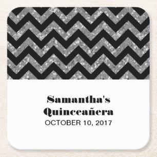 Silver Chevron Glitter Quinceañera Paper Coasters