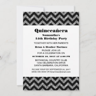 Silver Chevron Glitter Quinceañera Party Invite