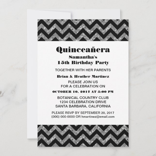 Silver Chevron Glitter Quinceañera Party Invite (Front)