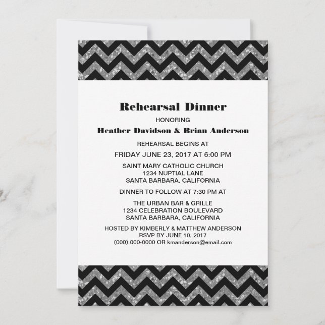 Silver Chevron Glitter Rehearsal Dinner Invite (Front)