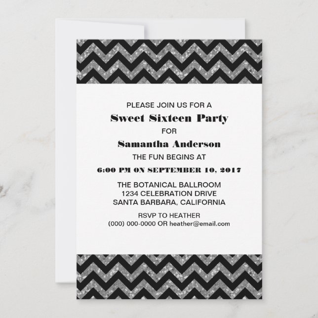 Silver Chevron Glitter Sweet 16 Party Invite (Front)
