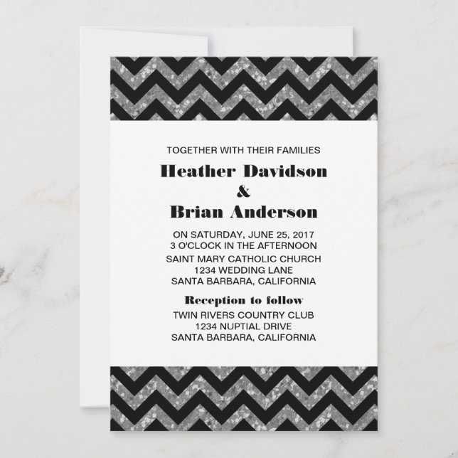 Silver Chevron Glitter Wedding Invite (Front)