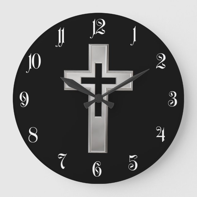 Silver Christian cross Large Clock (Front)