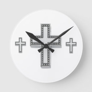 Silver Christian Cross Round Clock