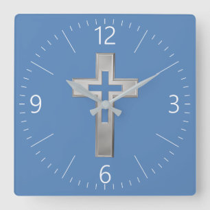 Silver Christian cross Square Wall Clock