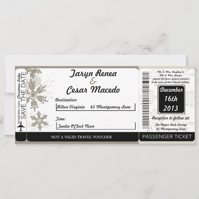 Silver Christmas Boarding Pass Wedding Invitation (Front)
