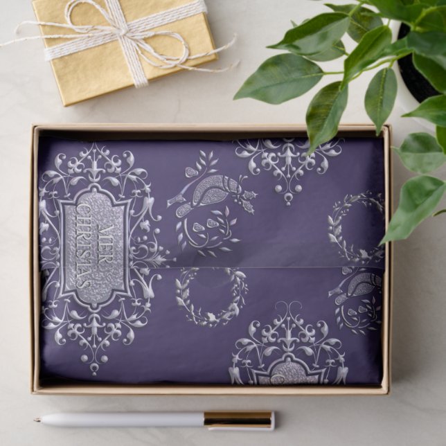 Silver Christmas Decorations on Blue Christmas Tissue Paper (Gift)