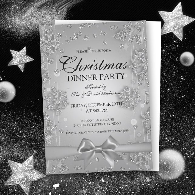 Silver Christmas Party Glitter Winter Bow Invitation (Creator Uploaded)
