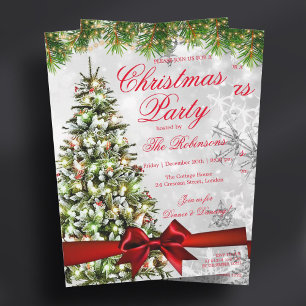 Silver Christmas Party   Xmas Tree Lights & Ribbon Invitation