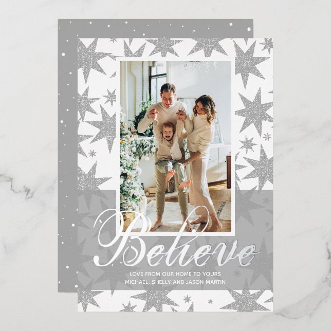 Silver Christmas Photo Believe Foil Holiday Card (Front/Back)