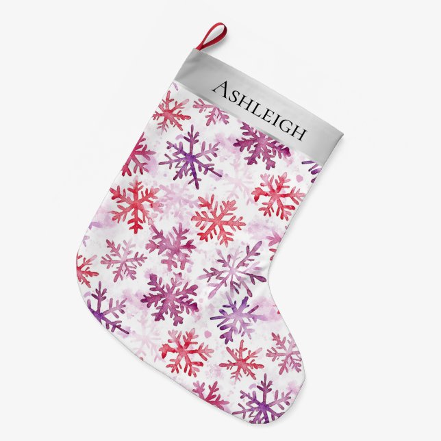 Silver Christmas Purple Red Snowflakes Large Christmas Stocking (Front (Hanging))
