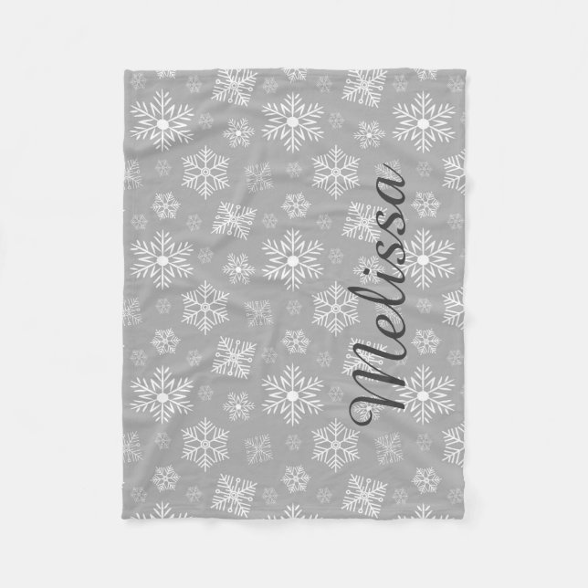 Silver Christmas Snowflakes Personalised Name Fleece Blanket (Front)
