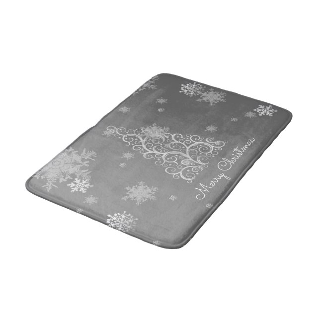Silver Christmas Tree and Snowflakes Bath Mat (Angled)